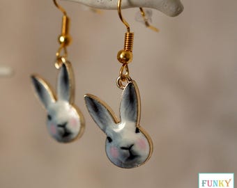 Cute Rabbit Earrings, Funky unusual gold and enamel bunny rabbit ladies drop earrings