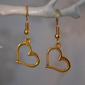 Gold Heart Earrings, Funky pretty gold heart outline dangle earrings for women