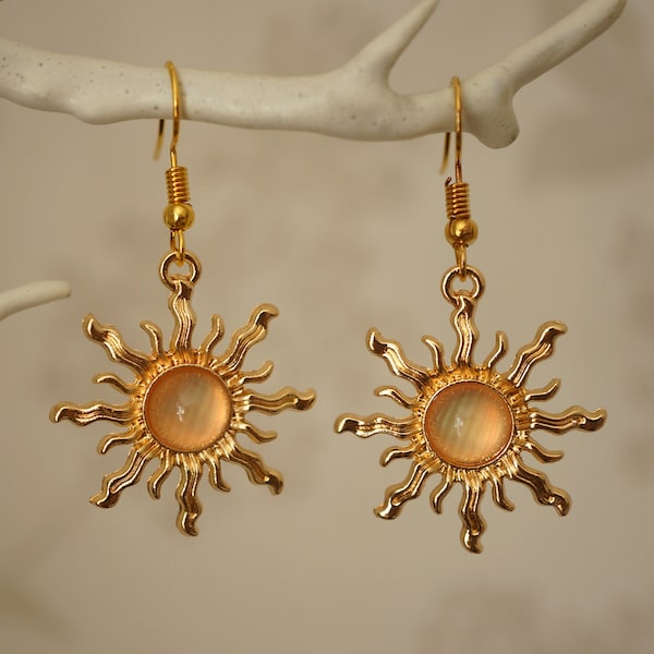 Pink Sun Earrings, quirky pretty gold and light pink acrylic sun drop earrings for women