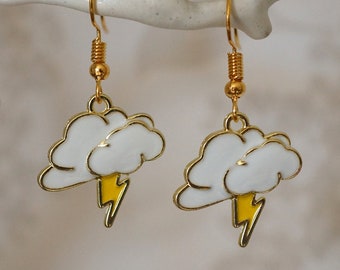 Lightning Cloud Earrings, Cute quirky gold and enamel cloud with lightning bolt drop earrings for women