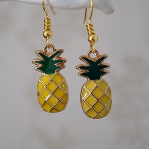 Pineapple Earrings, Quirky unusual gold and enamel pineapple fruit earrings for women