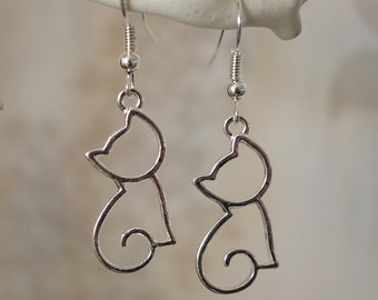 Silver Cat Earrings, Nice quirky unusual silver cat dangle earrings for women