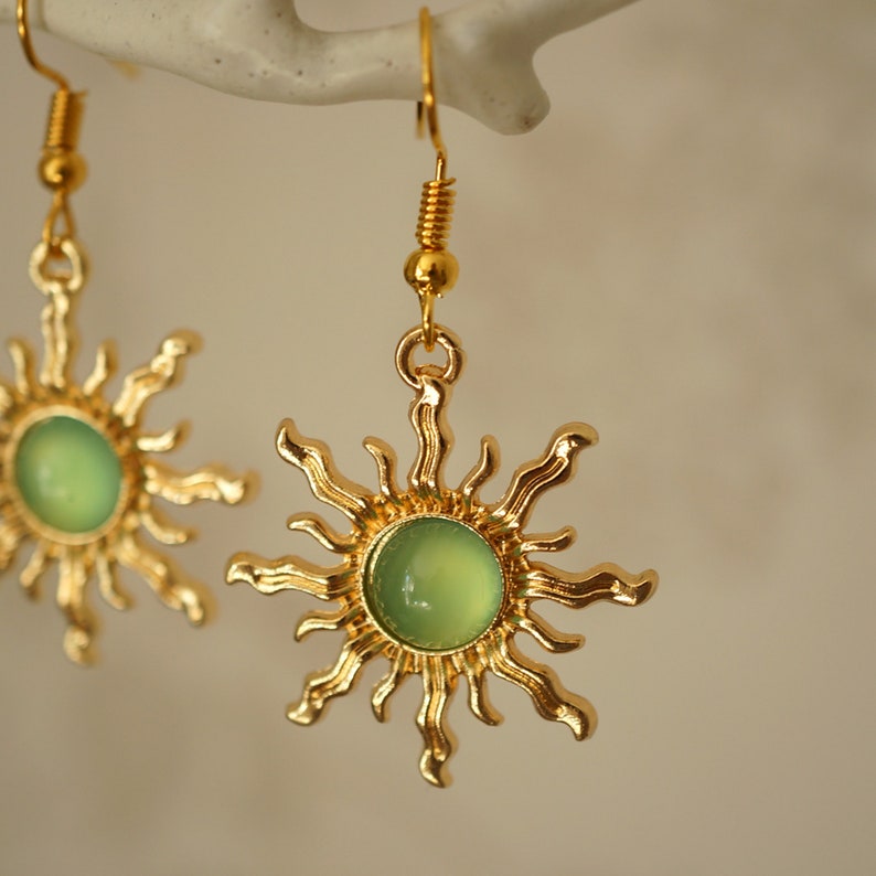 Green Sun Earrings, Unusual cool gold and light green acrylic sun drop earrings for women image 2