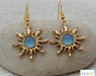 Blue Sun Earrings, Gold and Acrylic Boho Sunburst Dangle Earrings, Celestial Jewellery Gift