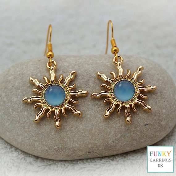Blue Sun Earrings, Gold and Acrylic Boho Sunburst Dangle Earrings, Celestial Jewellery Gift