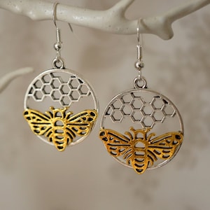 Bee Honeycomb Earrings, Cool round statement gold and silver bee honeycomb drop earrings