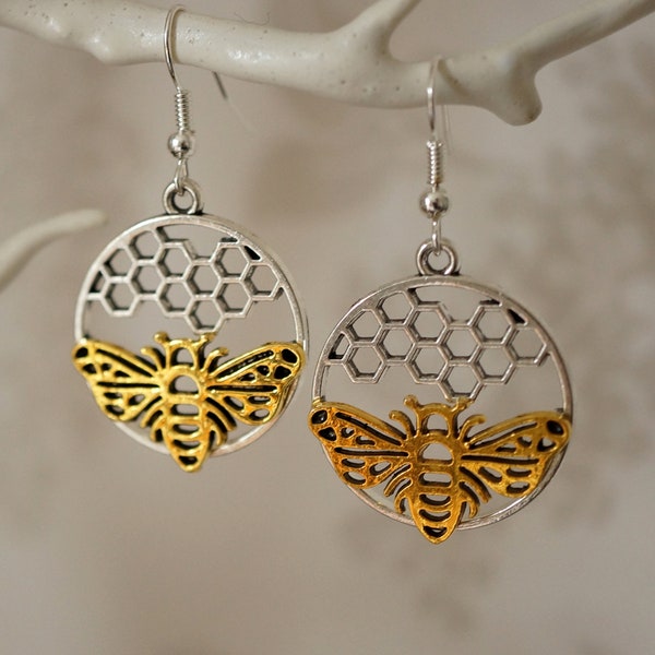 Bee Honeycomb Earrings, Cool round statement gold and silver bee honeycomb drop earrings