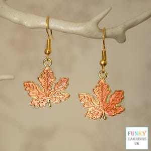 Autumn Leaf Earrings, Cool unusual gold and enamel leaf drop earrings for women