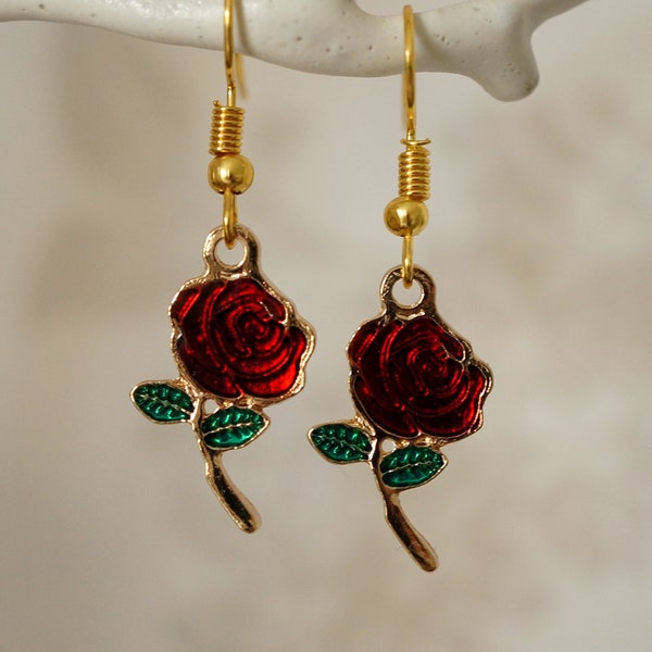 Red Rose Earrings, Quirky pretty gold and enamel rose earrings for women