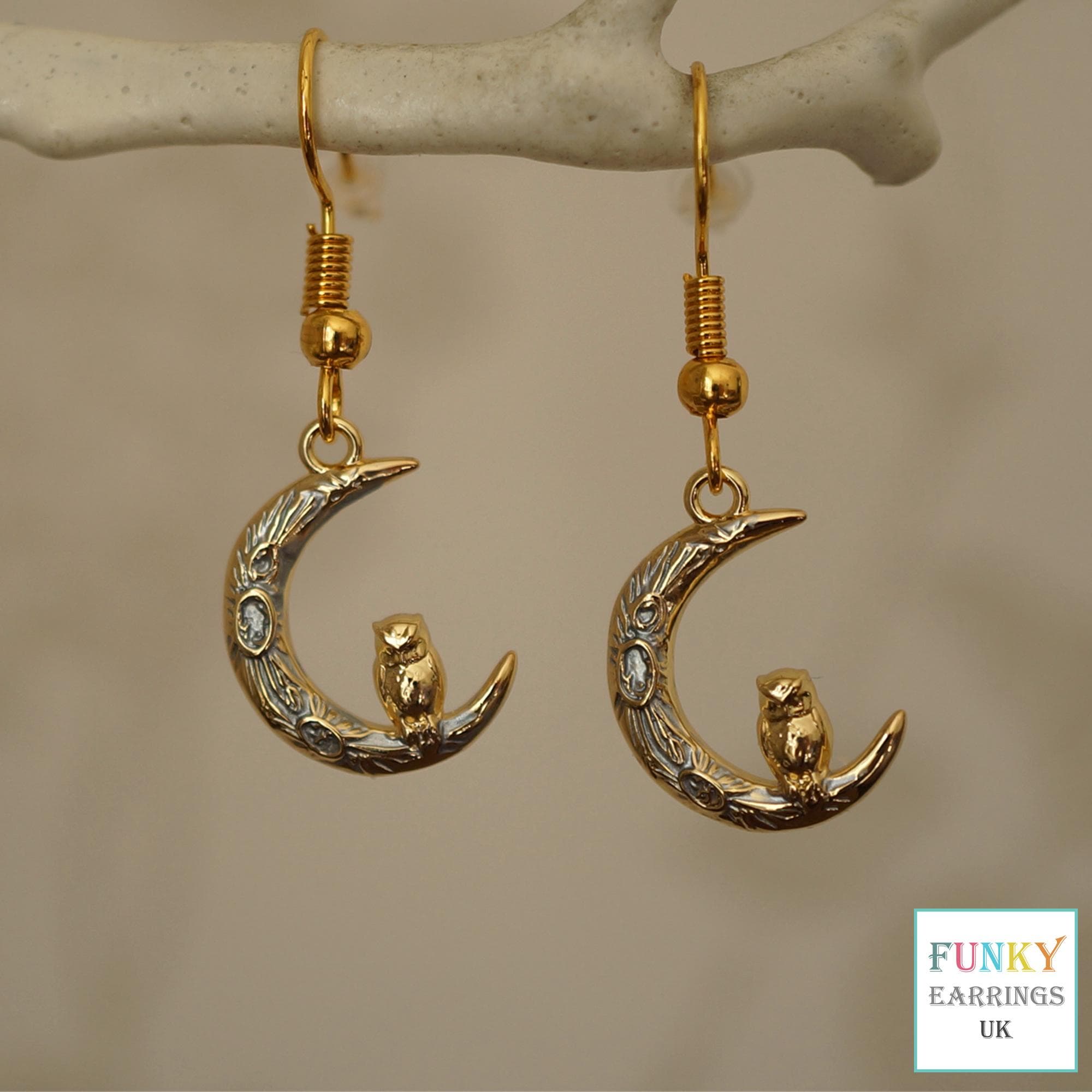 Gold Owl on Moon Drop Earrings: 18k Plated Enamel Jewelry