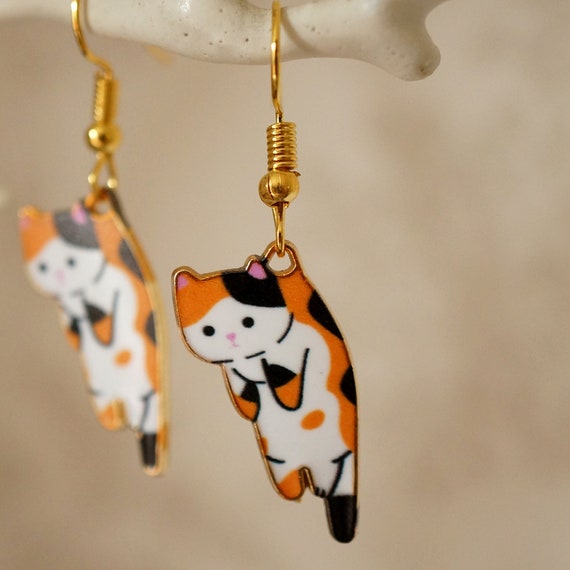 Cute Cat Earrings, Funky novelty hanging kawaii cat drop earrings for women