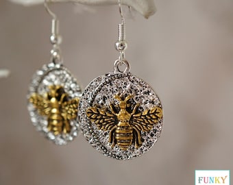 Bee Earrings, Gold Silver Nature Inspired Insect Boho Jewellery Dangle Earrings