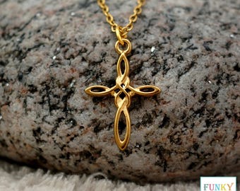 18k Gold Celtic Cross Necklace, Dainty Knot Pendant Charm, Minimalist Irish Spiritual Jewellery