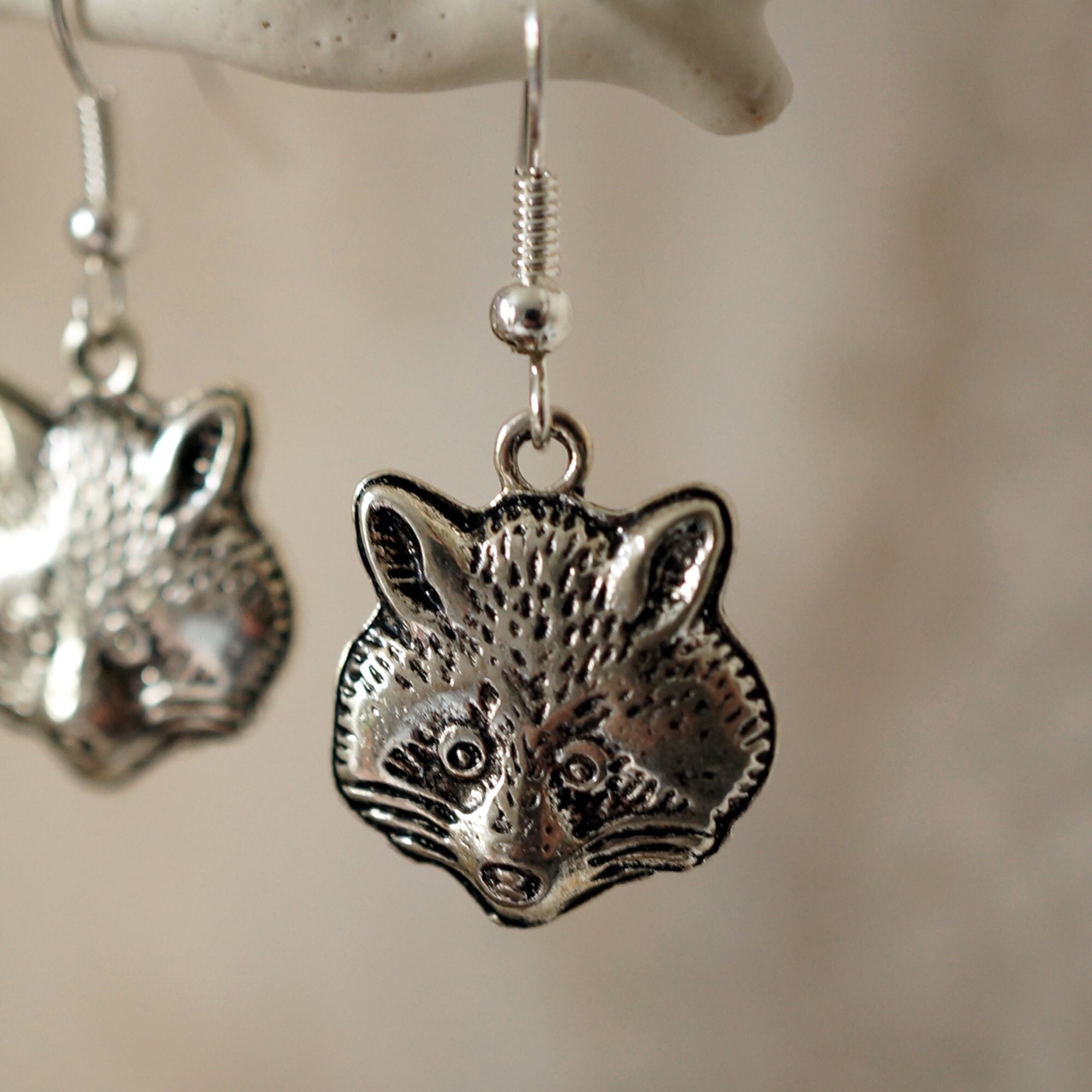 Raccoon Earrings, Funky cool unusual silver raccoon drop earrings for women