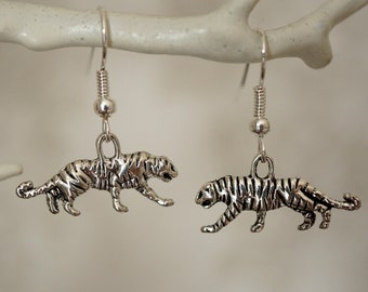 Tiger Earrings, Cool novelty silver tiger drop earrings for women