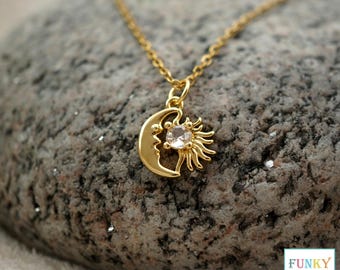 Celestial Sun and Moon Necklace, Dainty 18k Gold Plated Boho Pendant with Crystal Charm