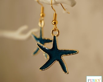 Funky Starfish Earrings, Cool gold and enamel starfish drop earrings for women