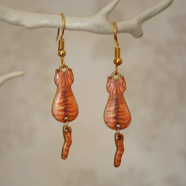 Ginger Cat Earrings, Funky quirky ginger cat drop earrings for women