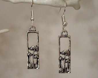 Funky Toadstool Mushroom Earrings, Cool unusual rectangle silver toadstool mushroom drop earrings for women