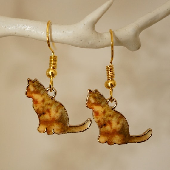 Ginger Cat Earrings, Novelty cute gold and enamel cat drop earrings for  women