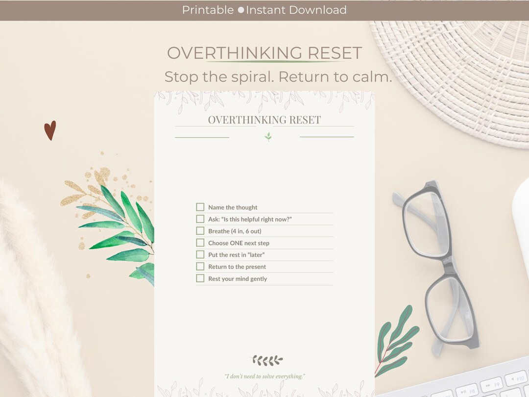 Overthinking Reset Printable | Calm Mind Worksheet | Anxiety Support ...