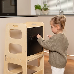 Toddler Tower with Crayons-Montessori Helper tower-Step Stool for Toddlers-Montessori Foldable Learning Tower-Kitchen Tower for Toddlers 1-3