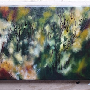 Moody abstracted forest painting „Spring Awakening“, oil on canvas, 41x27 cm