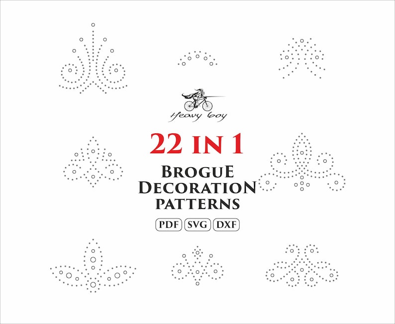 Może przedstawiać: Białe tło z czarnymi wzorami dekoracyjnymi brogue w kropki. Tekst brzmi "22 IN 1 BROGUE DECORATION PATTERNS" z ikonami typu pliku PDF, SVG i DXF. Obecna jest r&oacute;wnież mała ilustracja osoby jadącej na rowerze.