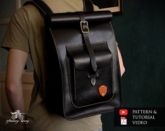 Leather Roll top Backpack pattern - leather bag pattern - leather rucksack pattern - leather mens back pack pattern - leather template