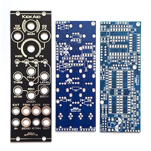 May include: Three electronic circuit boards. The first is black with gold lettering and the text "KICKAID". The second and third are blue with white lettering. The boards have various holes and electronic components. The boards are for audio equipment.