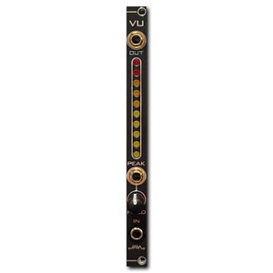 May include: A black audio effects module with a VU meter, a knob labelled "Hold", and two 1/4 inch jacks labelled "In" and "Out". The VU meter has 10 LEDs, with the top LED red, the next two orange, and the rest yellow.
