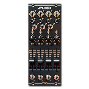 May include: Black electronic module with the text "CVMod4" and the logo "JAH". It features numerous knobs, switches, and sliders, labeled CH1 through CH4. The module has a series of input and output jacks.