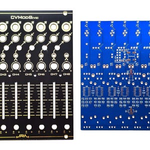 May include: Two circuit boards, one black and one blue. The black board has gold-colored markings and labels, including "CVModB(v2)" and "CH1" through "CH8". The blue board has white markings and the text "AVALON HARMONICS CVModB 1.2 v2.2".