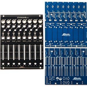 May include: A black circuit board labeled "CVMod8(v2)" with eight channels, sliders, and various connection points. Two blue circuit boards with electronic components are also visible. The boards are for electronic music production.