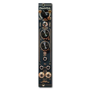 May include: Black modular synthesizer module with gold accents. Features knobs labeled "GAIN", "MODE", and "ATN+". Includes input and output jacks labeled "L" and "R", and the text "PANVCA".