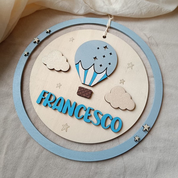 Idea regalo personalizzato per nascita bimbo, fiocco nascita mongolfiera legno, decorazione camera bambino, primo regalo per baby shower