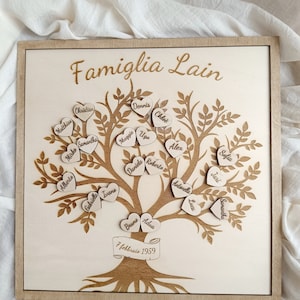 Decorazione famiglia albero genealogico in legno quadro personalizzato ricordi, idea regalo artigianale originale incisione nomi figli nonni immagine 1