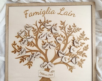 Decorazione famiglia albero genealogico in legno quadro personalizzato ricordi, idea regalo artigianale originale incisione nomi figli nonni