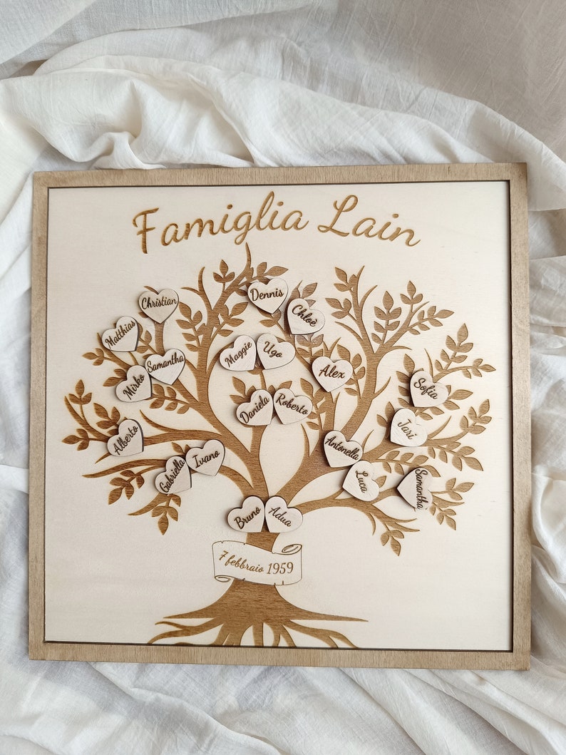 Decorazione famiglia albero genealogico in legno quadro personalizzato ricordi, idea regalo artigianale originale incisione nomi figli nonni immagine 1