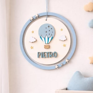 Idea regalo personalizzato per nascita bimbo, fiocco nascita mongolfiera legno natale, decorazione camera bambino, primo regalo babyshower