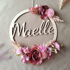 Fiocco nascita bimba, idea regalo personalizzato nascita bimbo, decorazione in legno artigianale fiori per cameretta, ghirlanda battesimo