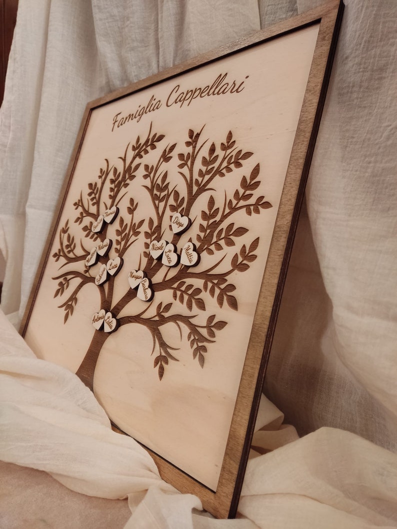 Decorazione famiglia albero genealogico in legno quadro personalizzato ricordi, idea regalo artigianale originale incisione nomi figli nonni immagine 6