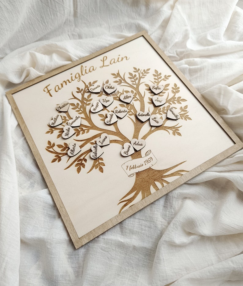 Decorazione famiglia albero genealogico in legno quadro personalizzato ricordi, idea regalo artigianale originale incisione nomi figli nonni immagine 2