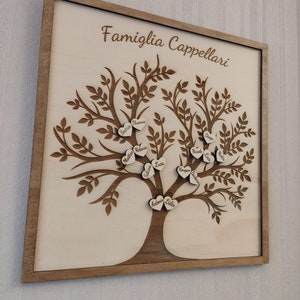 Decorazione famiglia albero genealogico in legno quadro personalizzato ricordi, idea regalo artigianale originale incisione nomi figli nonni immagine 7