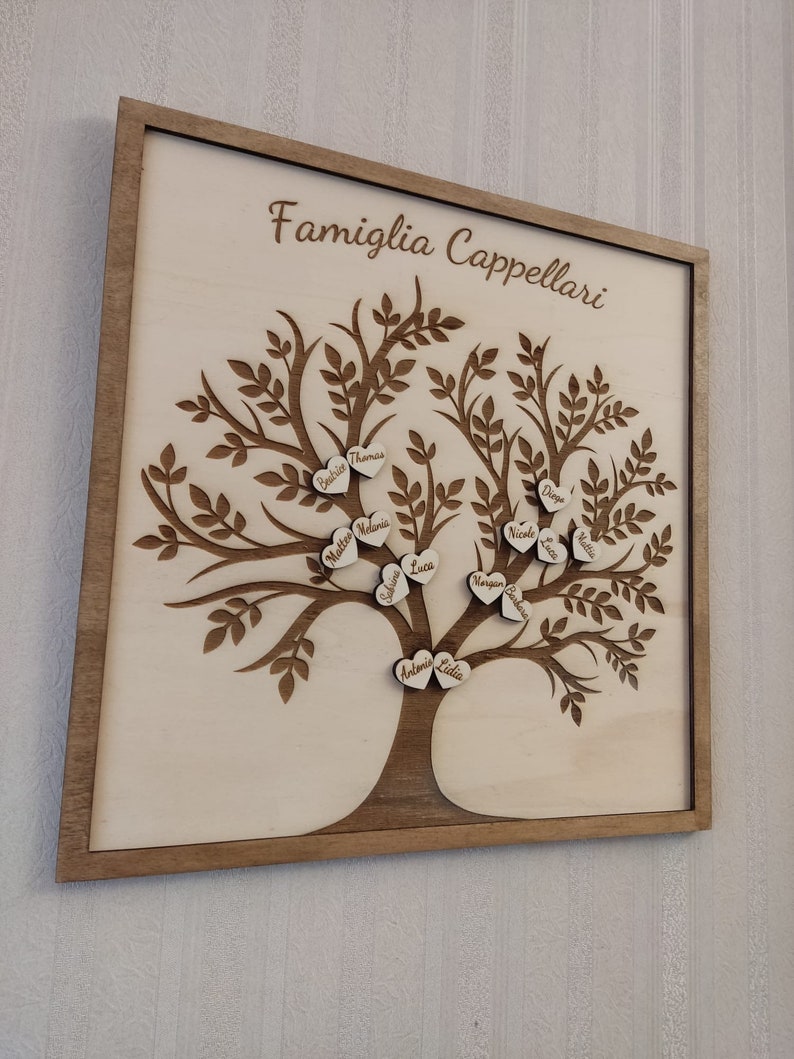 Decorazione famiglia albero genealogico in legno quadro personalizzato ricordi, idea regalo artigianale originale incisione nomi figli nonni immagine 7