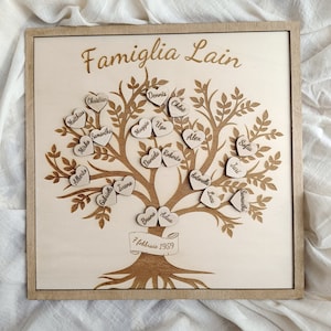 Decorazione famiglia albero genealogico in legno quadro personalizzato ricordi, idea regalo artigianale originale incisione nomi figli nonni immagine 3