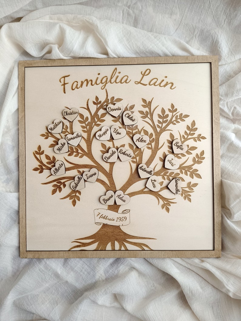 Decorazione famiglia albero genealogico in legno quadro personalizzato ricordi, idea regalo artigianale originale incisione nomi figli nonni immagine 3