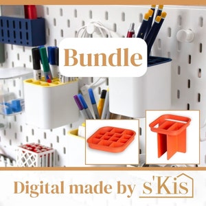 May include: A bundle of three orange plastic organizers for a pegboard wall. The organizers include a square tray with 12 compartments, a tall rectangular organizer, and a shorter rectangular organizer with a handle. The text "Bundle" is written in brown on a beige background.