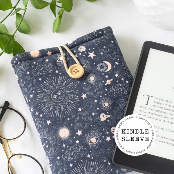 Celestial Padded Kindle Sleeve made from cotton, fabric e-reader bag, Bookish Gifts, book lover, book accessories, witchy Kindle cover