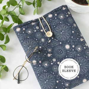 Celestial Padded Book Sleeve made from cotton, fabric book bag, Bookish Gifts, book lover, book accessories, sun and moon book cover